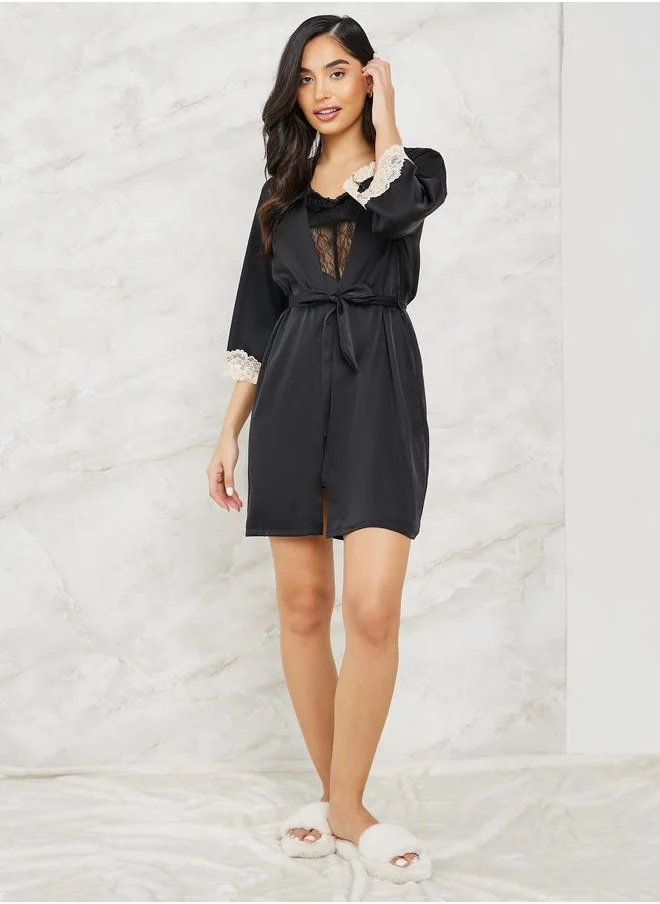 Styli Styli Pack of 2 - Satin Ruffle Apex Detail Slip Dress and Robe