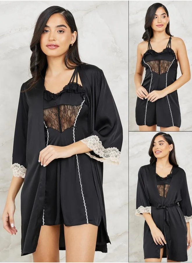 Styli Styli Pack of 2 - Satin Ruffle Apex Detail Slip Dress and Robe