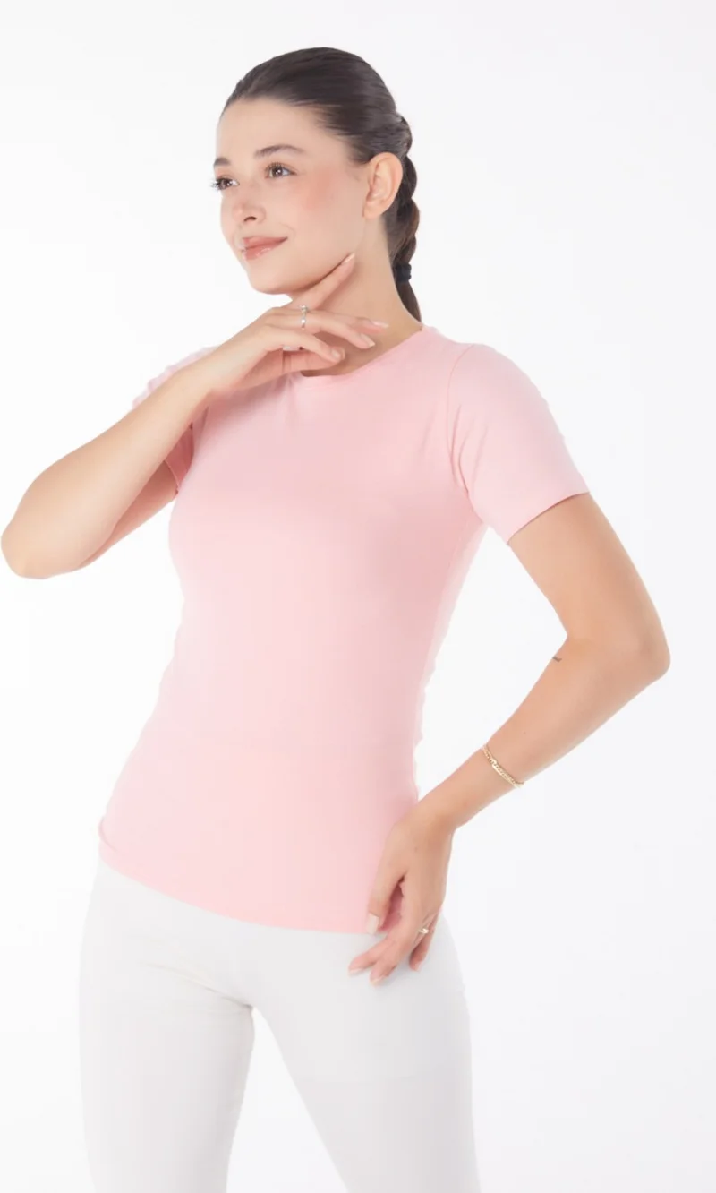 Tofisa Plain Crew Neck Women's Pink Short Sleeve T-Shirt - 25768