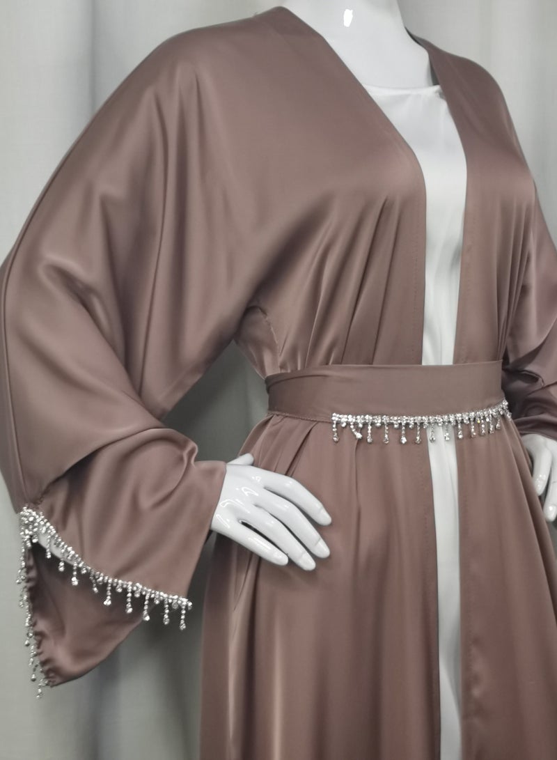 عباية مزدوجة مع حزام داخلي وحجاب تصميم جديد ملابس عربية تصميم ملون قماش ناعم - Image 1