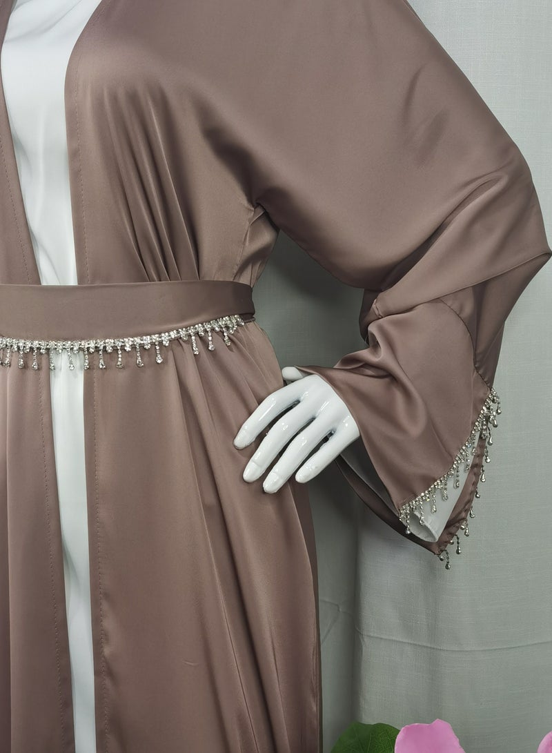 عباية مزدوجة مع حزام داخلي وحجاب تصميم جديد ملابس عربية تصميم ملون قماش ناعم - Image 2