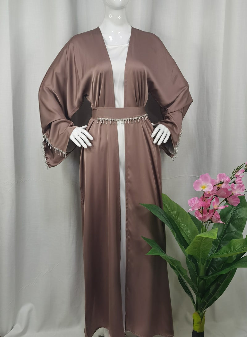 عباية مزدوجة مع حزام داخلي وحجاب تصميم جديد ملابس عربية تصميم ملون قماش ناعم - Image 3