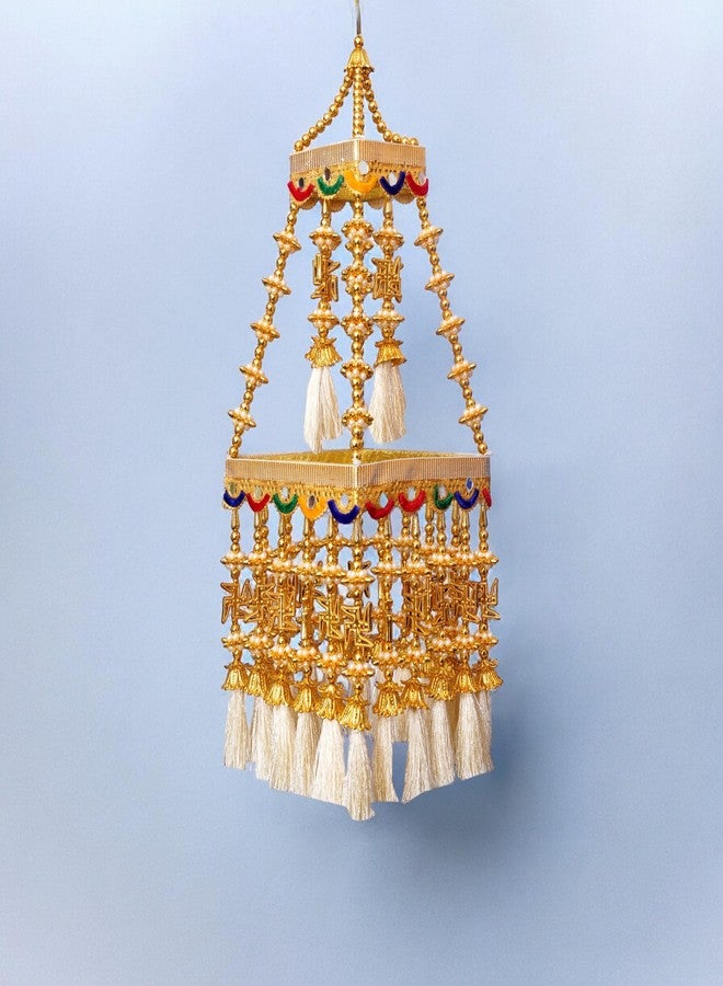 TORNORY Traditional Hanging motii Jhumar Swastika for Home Decoration/Pearl Beads & White Threads Handmade Jhumar Toran for Elegant Decor(16 x 8 Inches) - Image 2