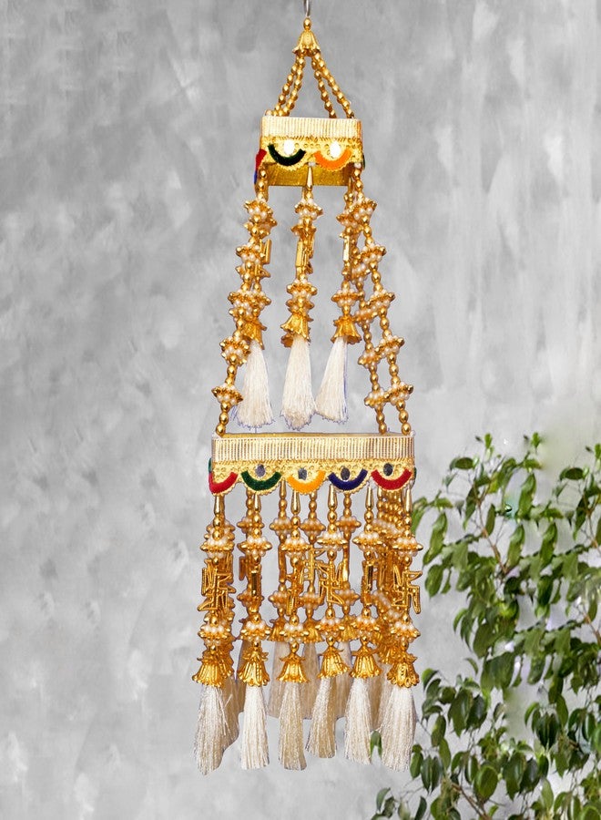 TORNORY Traditional Hanging motii Jhumar Swastika for Home Decoration/Pearl Beads & White Threads Handmade Jhumar Toran for Elegant Decor(16 x 8 Inches) - Image 3
