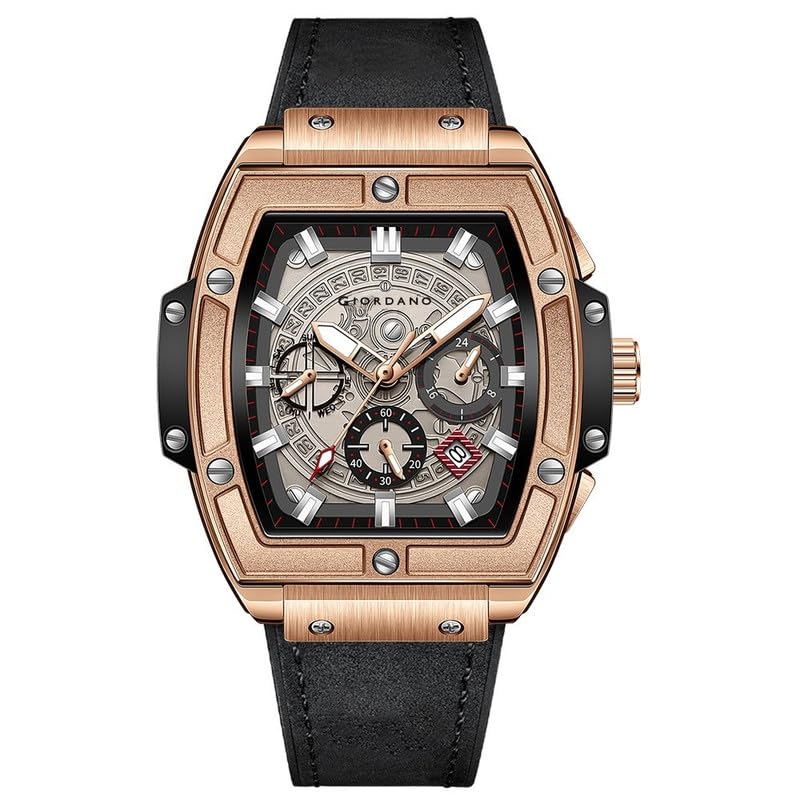 Giordano Men's Leather Multifunction Watch - with Day, Date, and 24-Hour Sub-Dials | Water Resistant Square Dial Unique Design Wrist Watch for Man | Best Gift for Males - Image 1