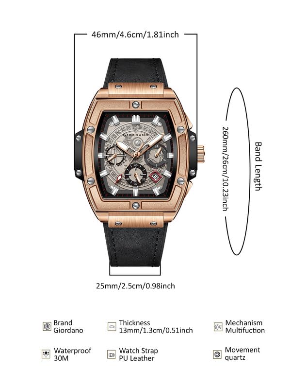 Giordano Men's Leather Multifunction Watch - with Day, Date, and 24-Hour Sub-Dials | Water Resistant Square Dial Unique Design Wrist Watch for Man | Best Gift for Males - Image 5