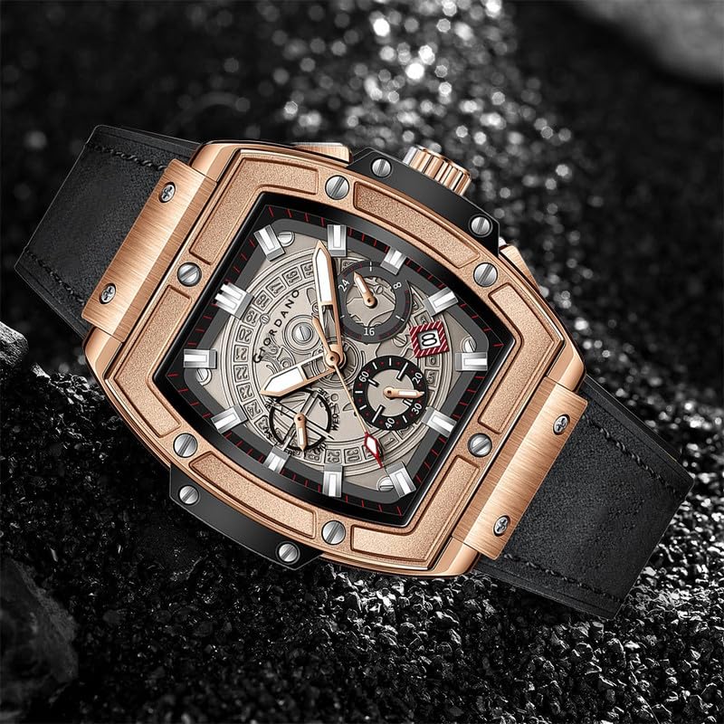 Giordano Men's Leather Multifunction Watch - with Day, Date, and 24-Hour Sub-Dials | Water Resistant Square Dial Unique Design Wrist Watch for Man | Best Gift for Males - Image 3