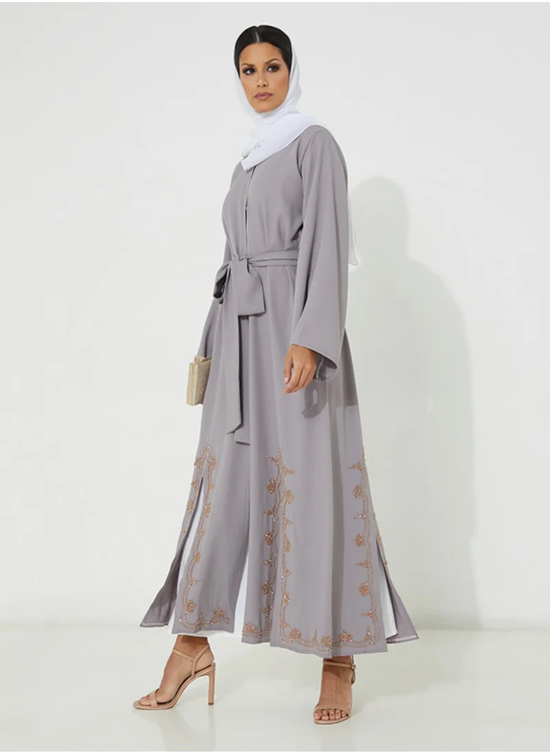 Rosette Abaya Occasional Embroidered Abaya Set with Inner Dress+ Belt