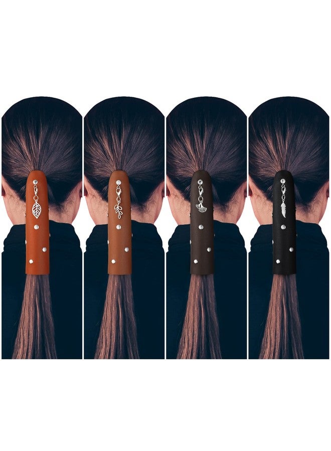 Yinkin Otuuz 4 Pcs Leather Hair Wrap Motorcycle Ponytail Hair Wrap Ties for Woman PU Ponytail Holder Braided Helmet Bike Accessories (6 Inch,Black, Coffee, Brown, Reddish Brown) - Image 1