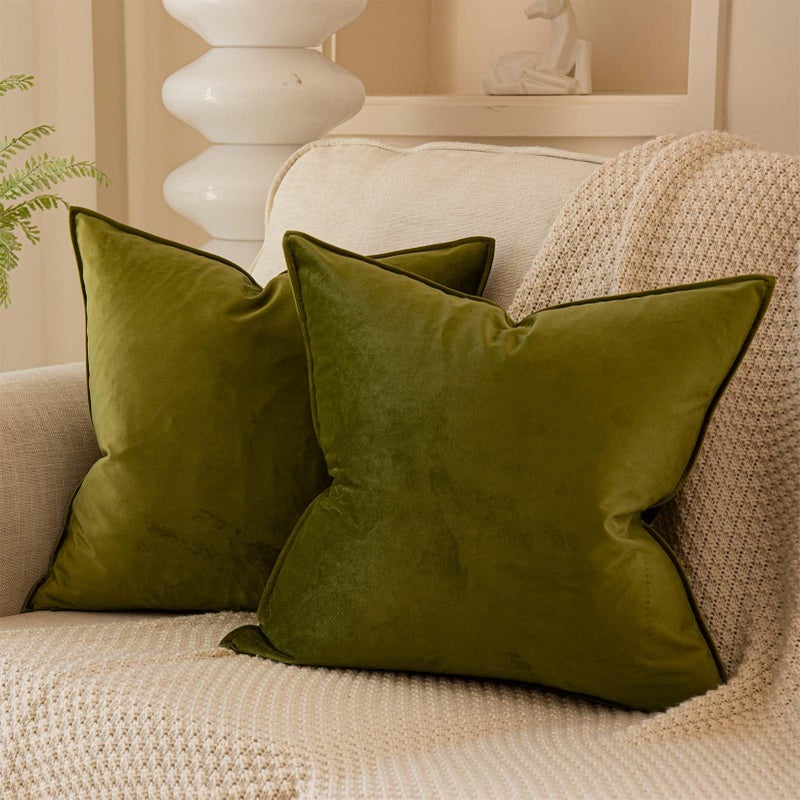 JUSPURBET Olive Decorative Velvet Throw Pillow Covers 14x14 inch Set of 2 Broadside Soft Cushion Case with Invisible Zipper for Sofa Couch Bed Car - Image 1