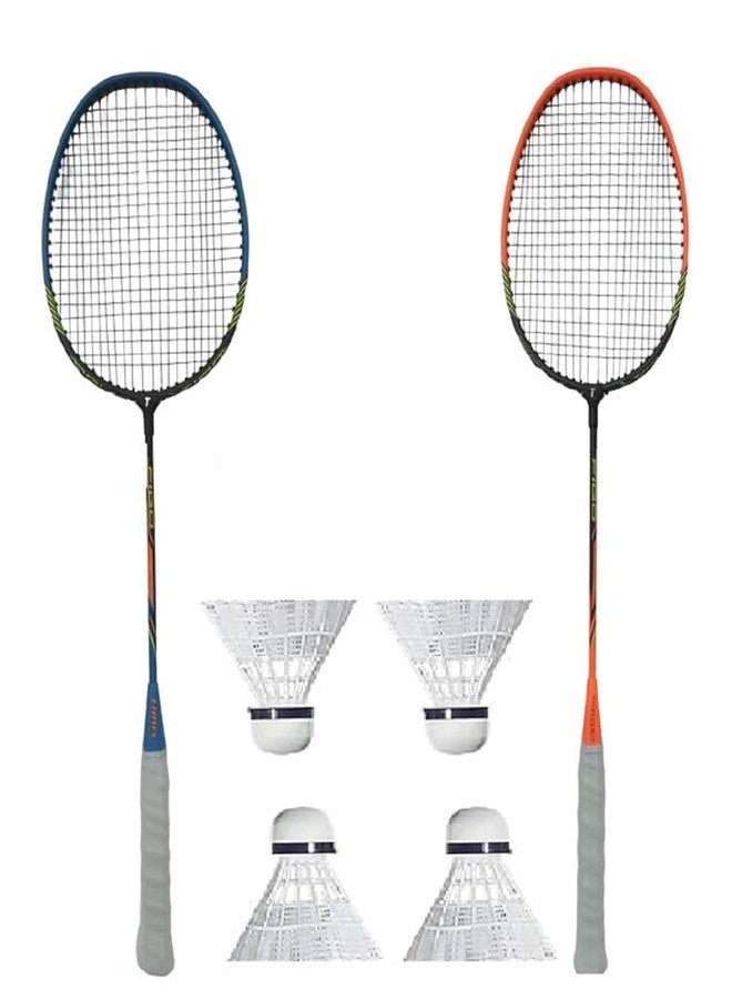 TIMA Aluminium Steel Shaft Badminton Rackets for Beginners | Lightweight Racket with Comfortable Grip and 4 Feather Shuttlecocks for Practice, and Competitive Matches (Set of 2, Blue & Orange) - Image 1