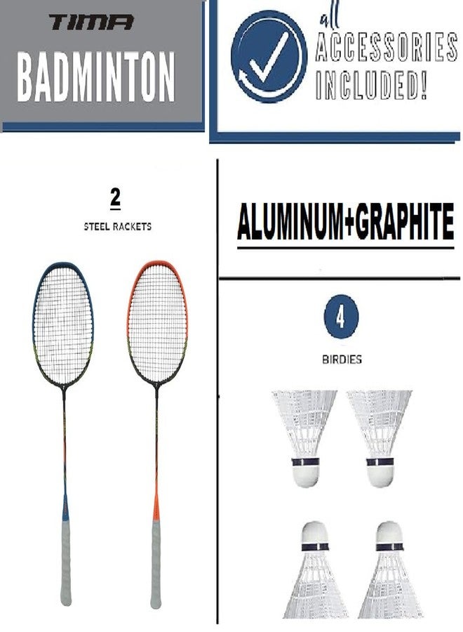 TIMA Aluminium Steel Shaft Badminton Rackets for Beginners | Lightweight Racket with Comfortable Grip and 4 Feather Shuttlecocks for Practice, and Competitive Matches (Set of 2, Blue & Orange) - Image 3