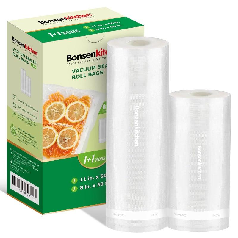 Bonsenkitchen Vacuum Sealer Bags Rolls, 8in x 50ft & 11in x 50ft Durable Food Sealer Bags, Commercial Grade, Heavy Duty, BPA Free, Seal a Meal, Great for Food Storage & Sous Vide Cooking, VB25 - Image 1