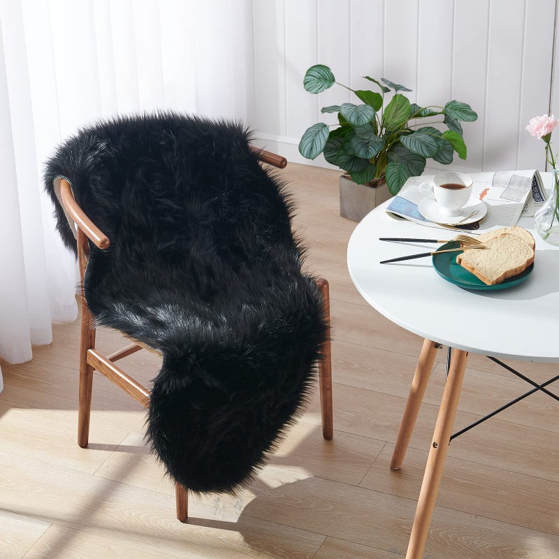 Small Faux Fur Rug 2x4 ft Ultra Soft Sheepskin Rug Chair Sofa Cover Seat Pad Black Fluffy Shag Rug for Bedroom Nursery Kids Room Luxury Shaggy Rugs Fuzzy Plush Floor Carpets Cute Dorm Home Decor