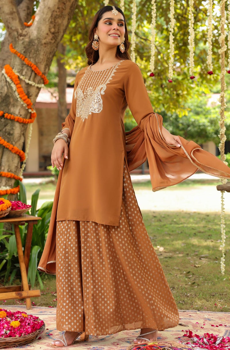 Janasya Women's Brown Georgette Embroidered Straight Kurta with Sharara & Dupatta Set(JAB25ST02666-L) - Image 3