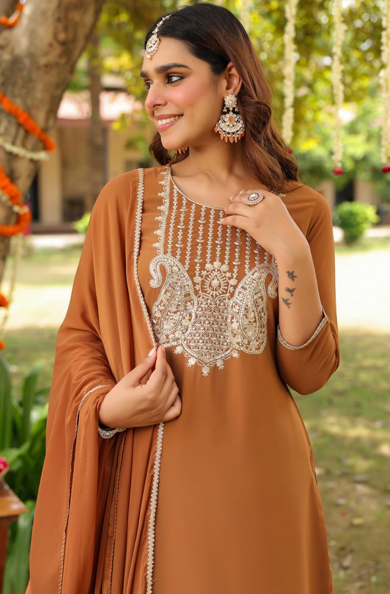 Janasya Women's Brown Georgette Embroidered Straight Kurta with Sharara & Dupatta Set(JAB25ST02666-L) - Image 2