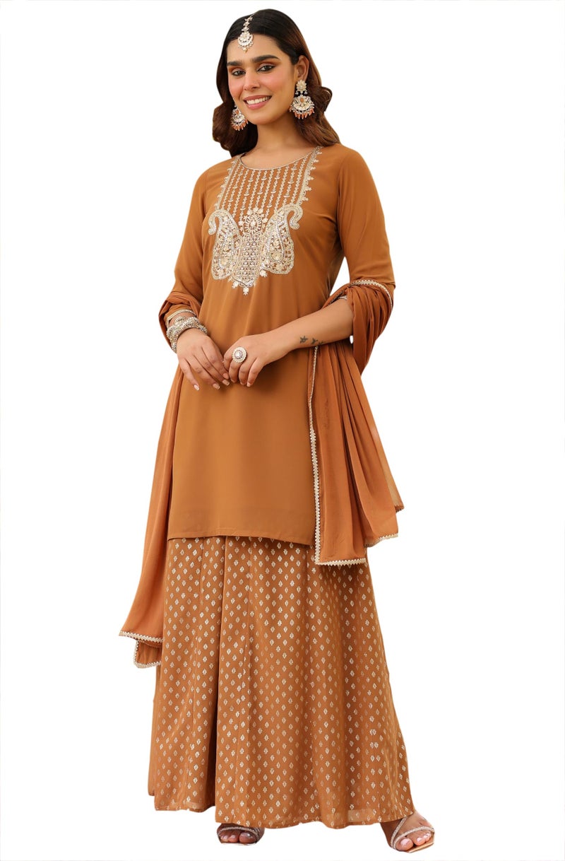 Janasya Women's Brown Georgette Embroidered Straight Kurta with Sharara & Dupatta Set(JAB25ST02666-L) - Image 1