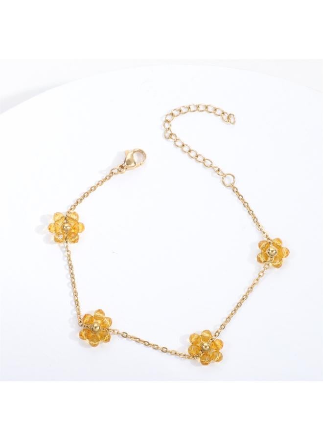 Cross Border Color Crystal Flower Pearl Flower Stainless Steel Dopamine Advanced Sense Style Titanium Steel Bracelet Ankle Chain For Women 