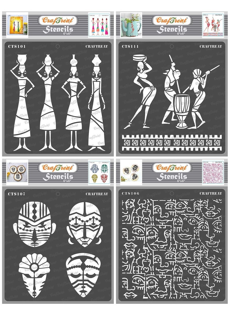 CrafTreat CrafTreat Tribal Stencil for Craft and Art - Tribal Potters, Tribal Daily Chores, Congo Mask and Tribal Faces Background Stencil (4Pcs) - Size: 6x6 Inches - Tribal Women Stencils for Wall Painting  - Image 1
