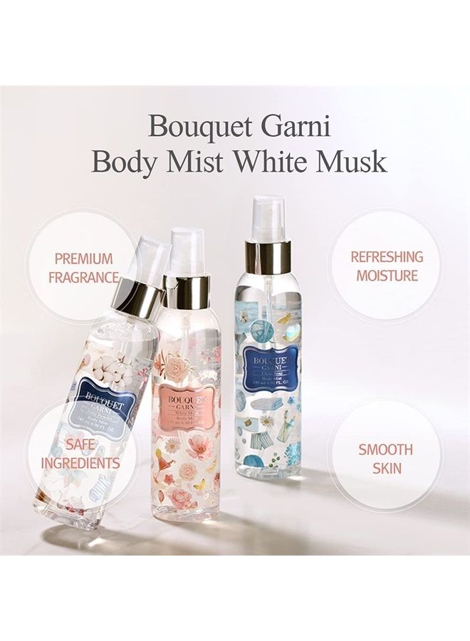 Bouquet Garni Body Mist White Musk - Vitamin E Long Lasting Deep Moisturizing Fragrance Body Spray for Women - Citrus Acid Removing Dead Skin Cells - Low Irritation with Safe Ingredients - 4.9 Fl Oz 