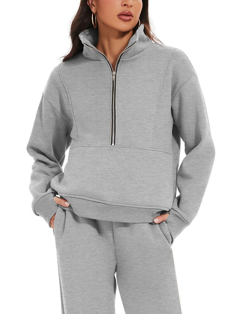 Eisctnd Womens Fleece 2 Piece Sweatsuit Lounge Set Long Sleeve Sweatshirt Jogger Pants Tracksuit Sweatsuit 2024 Fall Sets(Grey-L) - Image 2