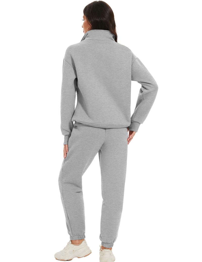 Eisctnd Womens Fleece 2 Piece Sweatsuit Lounge Set Long Sleeve Sweatshirt Jogger Pants Tracksuit Sweatsuit 2024 Fall Sets(Grey-L) - Image 4