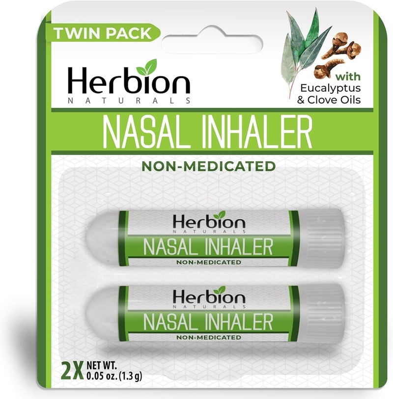 HERBION Naturals Nasal Inhaler Natural Relief for Nasal Congestion  Sinus Pressure NonMedicated Sticks with Essential Oils Menthol Eucalyptus Clove Soothing Vapor for Easy Breathing 2Pack - Image 1