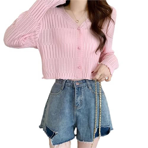 ICW Women's Knitted Ribbed Cardigan Long-Sleeve V-Neck Button-Up Shrug Jacket Top Dn85 (in, Alpha, XS, Regular, Pink) - Image 1