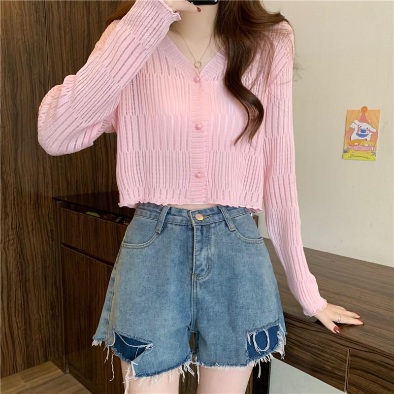 ICW Women's Knitted Ribbed Cardigan Long-Sleeve V-Neck Button-Up Shrug Jacket Top Dn85 (in, Alpha, XS, Regular, Pink) - Image 5