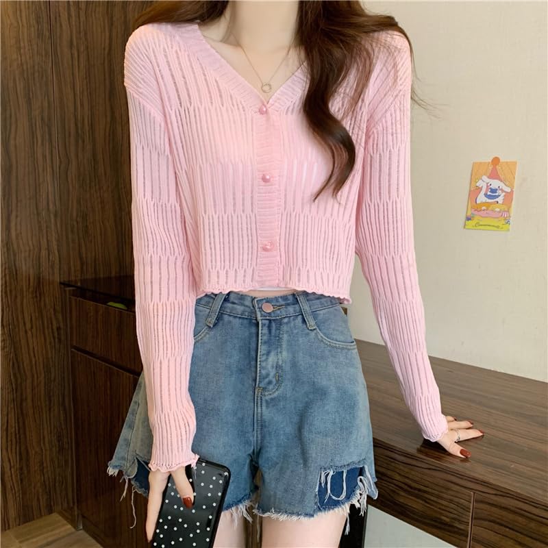 ICW Women's Knitted Ribbed Cardigan Long-Sleeve V-Neck Button-Up Shrug Jacket Top Dn85 (in, Alpha, XS, Regular, Pink) - Image 4
