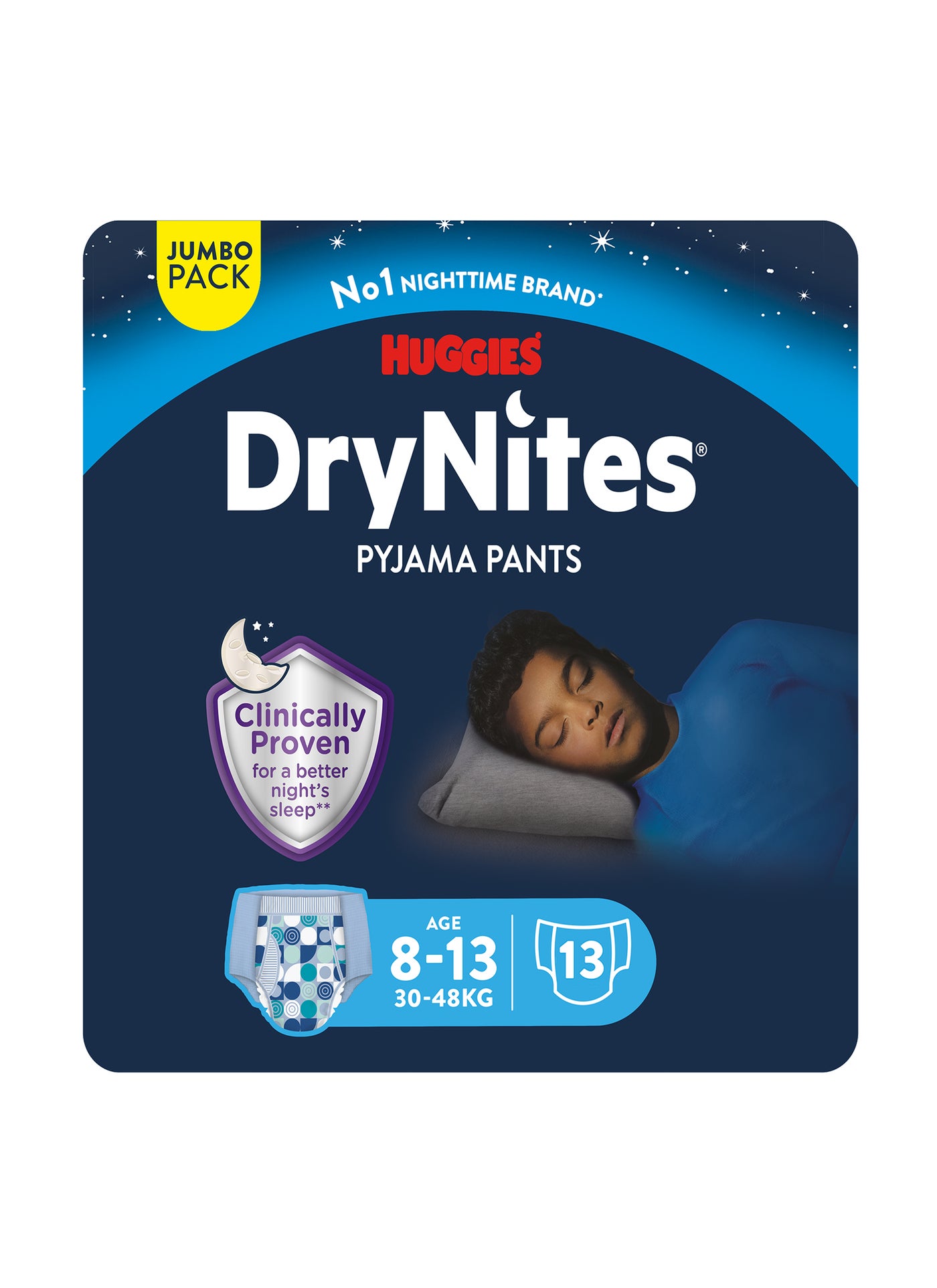 HUGGIES DryNites Pyjama Pants, 8-13 years, Bed Wetting Diaper, Boys, 30-48 kg, Jumbo Pack, 13 Pants
