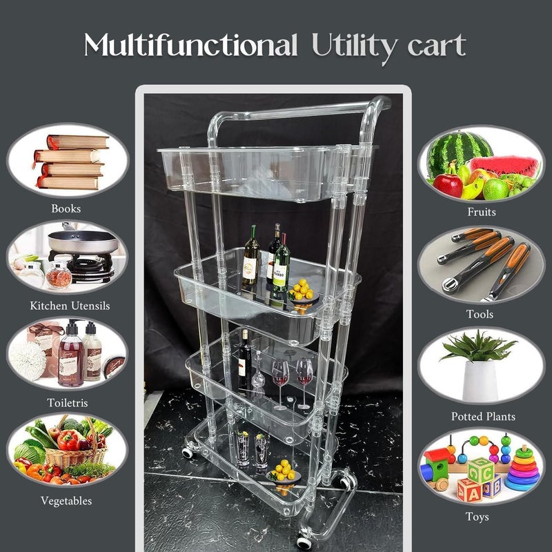 Arkit Transparent 4 Layer Trolly Acrylic Trolley Organizer Modern Trolley Racks Bathroom Stand Rack Vegetable Rack Fruit Storage Rack Multipurpose Space Saver Storage Trolley - Image 4