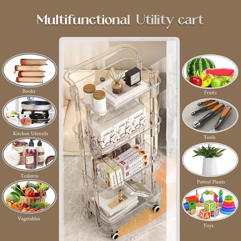 Arkit Transparent 4 Layer Trolly Acrylic Trolley Organizer Modern Trolley Racks Bathroom Stand Rack Vegetable Rack Fruit Storage Rack Multipurpose Space Saver Storage Trolley - Image 3