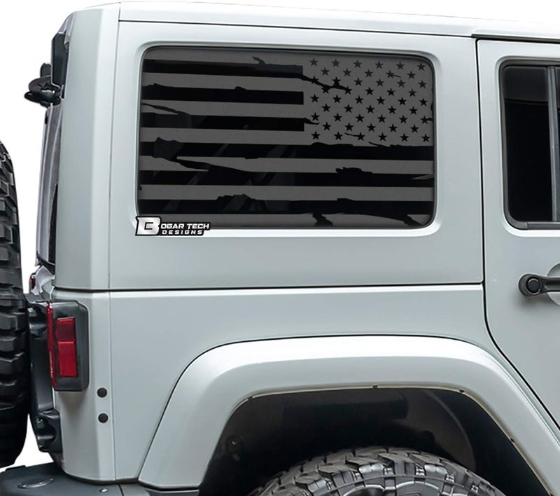 Bogar Tech Designs Precut Distressed American Flag Rear Side Window Decals for 4 Door Jeep Wrangler JKU 2011-2018, Matte Black - Image 1
