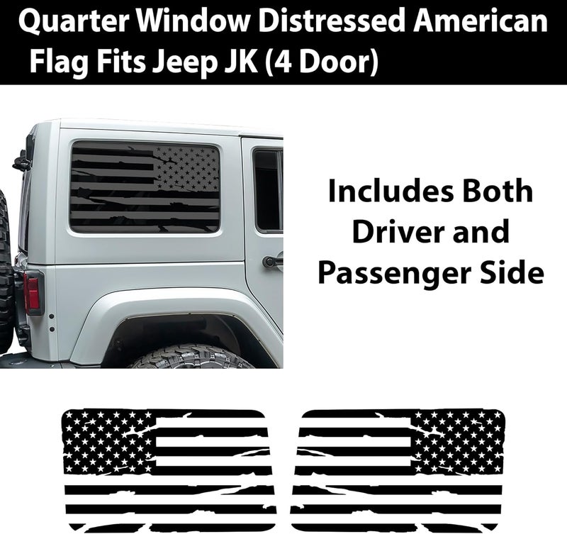Bogar Tech Designs Precut Distressed American Flag Rear Side Window Decals for 4 Door Jeep Wrangler JKU 2011-2018, Matte Black - Image 4