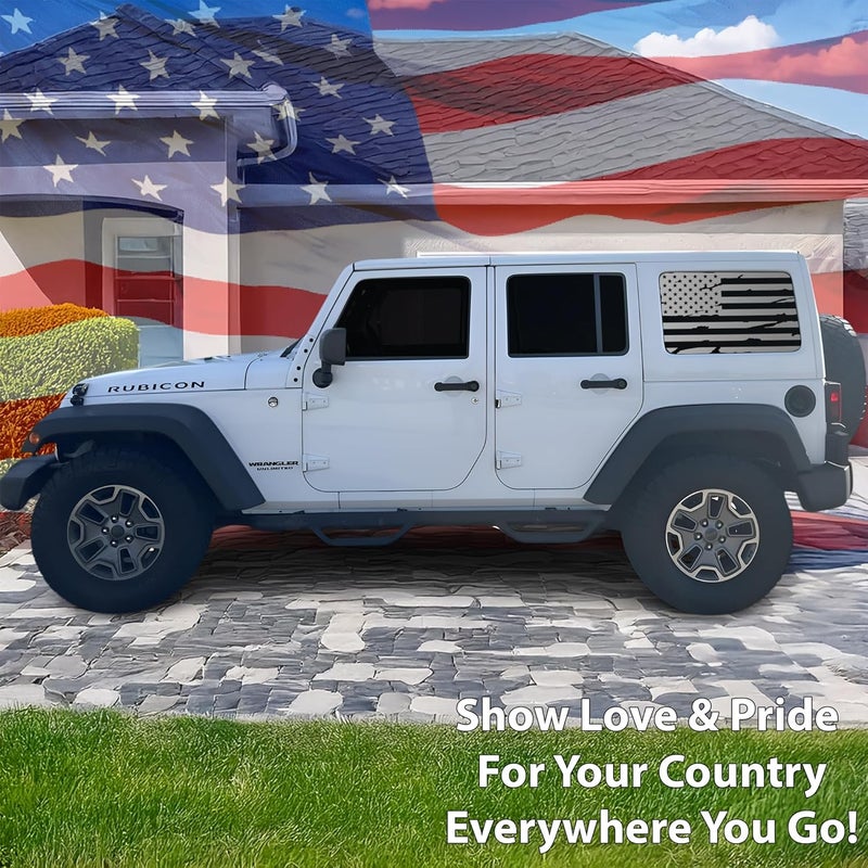 Bogar Tech Designs Precut Distressed American Flag Rear Side Window Decals for 4 Door Jeep Wrangler JKU 2011-2018, Matte Black - Image 2