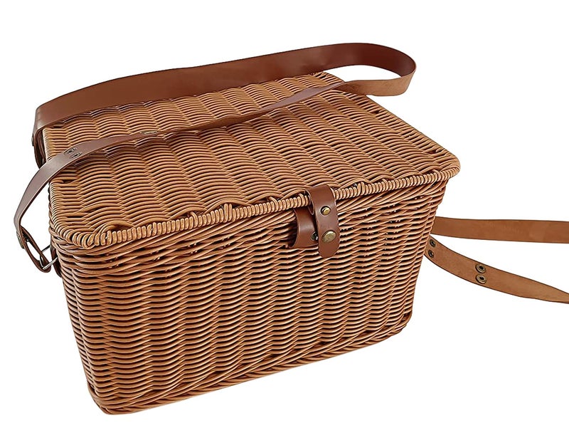 KOVOT سلة نزهة كوفوت بولي ويكر تقيس 14 × 12 × 75 للنزهات والحفلات والشواء مصنوعة من ألياف بولي بروبيلين المنسوجة يدويًا مع أحزمة جلدية - Image 1