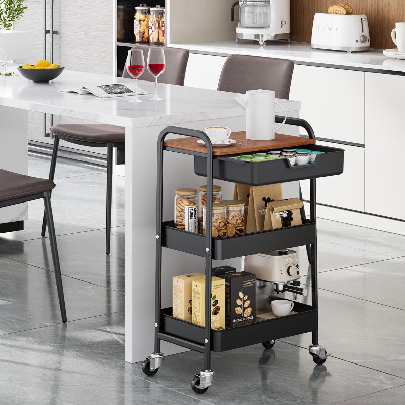 TOOLF 3-Tier Utility Rolling Cart with Wooden Board and Drawer, Metal Storage Cart with Handle, Black Trolley Kitchen Organizer Rolling Desk with Locking Wheels for Office, Classroom, Home, Bedroom - Image 2