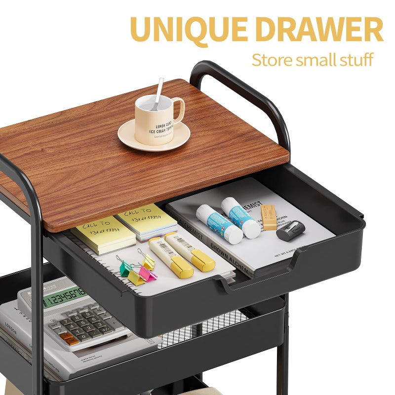 TOOLF 3-Tier Utility Rolling Cart with Wooden Board and Drawer, Metal Storage Cart with Handle, Black Trolley Kitchen Organizer Rolling Desk with Locking Wheels for Office, Classroom, Home, Bedroom - Image 3