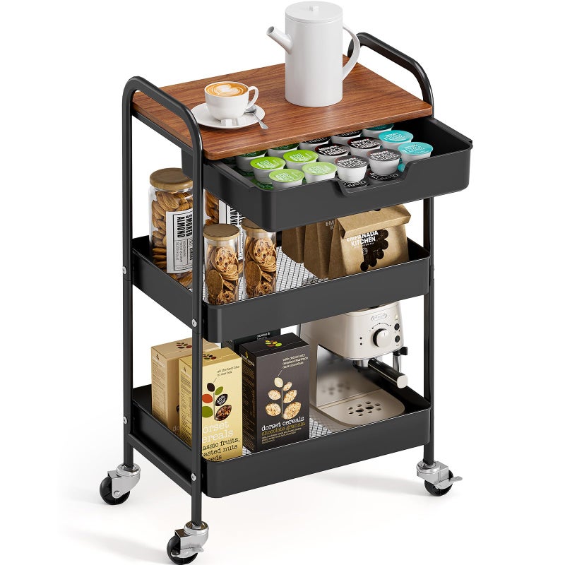 TOOLF 3-Tier Utility Rolling Cart with Wooden Board and Drawer, Metal Storage Cart with Handle, Black Trolley Kitchen Organizer Rolling Desk with Locking Wheels for Office, Classroom, Home, Bedroom - Image 1
