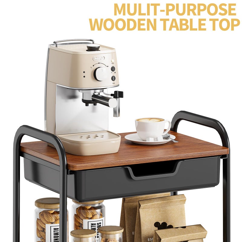 TOOLF 3-Tier Utility Rolling Cart with Wooden Board and Drawer, Metal Storage Cart with Handle, Black Trolley Kitchen Organizer Rolling Desk with Locking Wheels for Office, Classroom, Home, Bedroom - Image 4