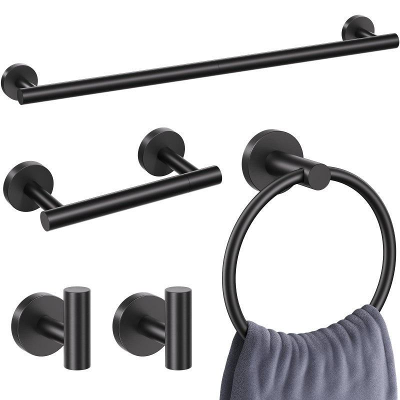 5 Pieces Matte Black Round Towel Bar Set Bathroom Hardware Accessories Set Upgraded Toilet Paper Holder Towel Racks Set for Bathroom Stainless Steel Wall Mounted 236 in