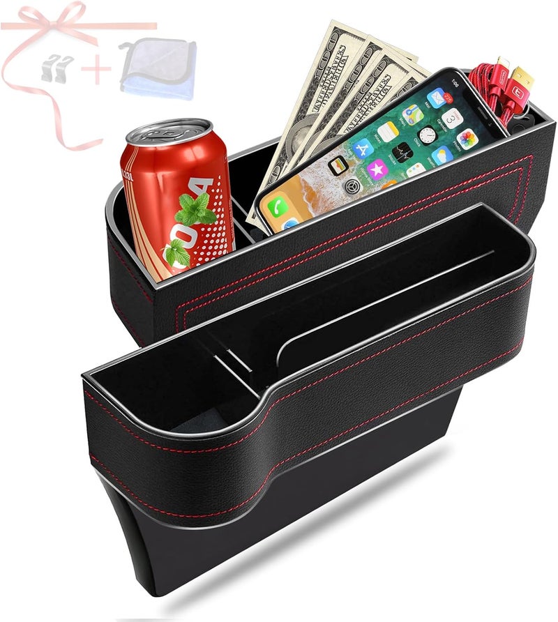 Jiaji Car Seat Gap Filler Organizer, 2 Pack Multifunctional Car Seat Organizer, Auto Console Side Storage Box with Cup Holders 2 Seat Hooks for Drink, Car Organizer Front Seat for Holding Phone, Sunglasses - Image 1