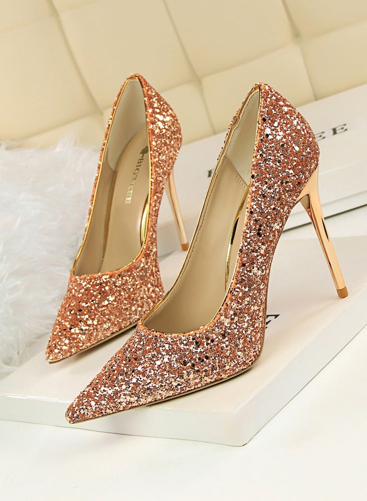 BIGTREE Women's Shiny Sequins Fashionable Stiletto Pumps 9.5 cm Elegant Gorgeous Closed Pointed Toe Slip On Solid High Heels Champagne - Image 1