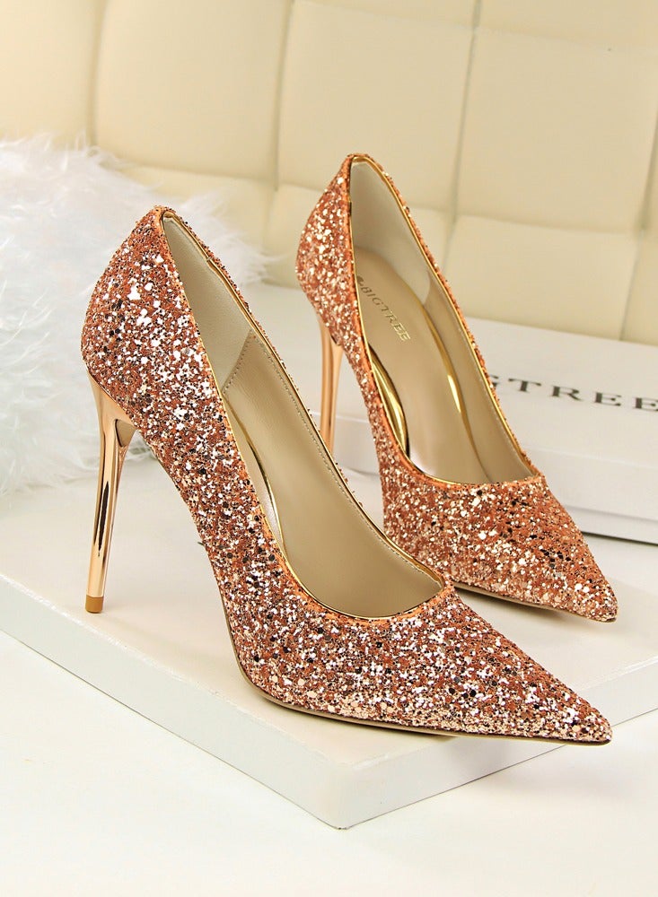 BIGTREE Women's Shiny Sequins Fashionable Stiletto Pumps 9.5 cm Elegant Gorgeous Closed Pointed Toe Slip On Solid High Heels Champagne - Image 2