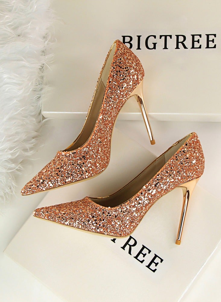 BIGTREE Women's Shiny Sequins Fashionable Stiletto Pumps 9.5 cm Elegant Gorgeous Closed Pointed Toe Slip On Solid High Heels Champagne - Image 3