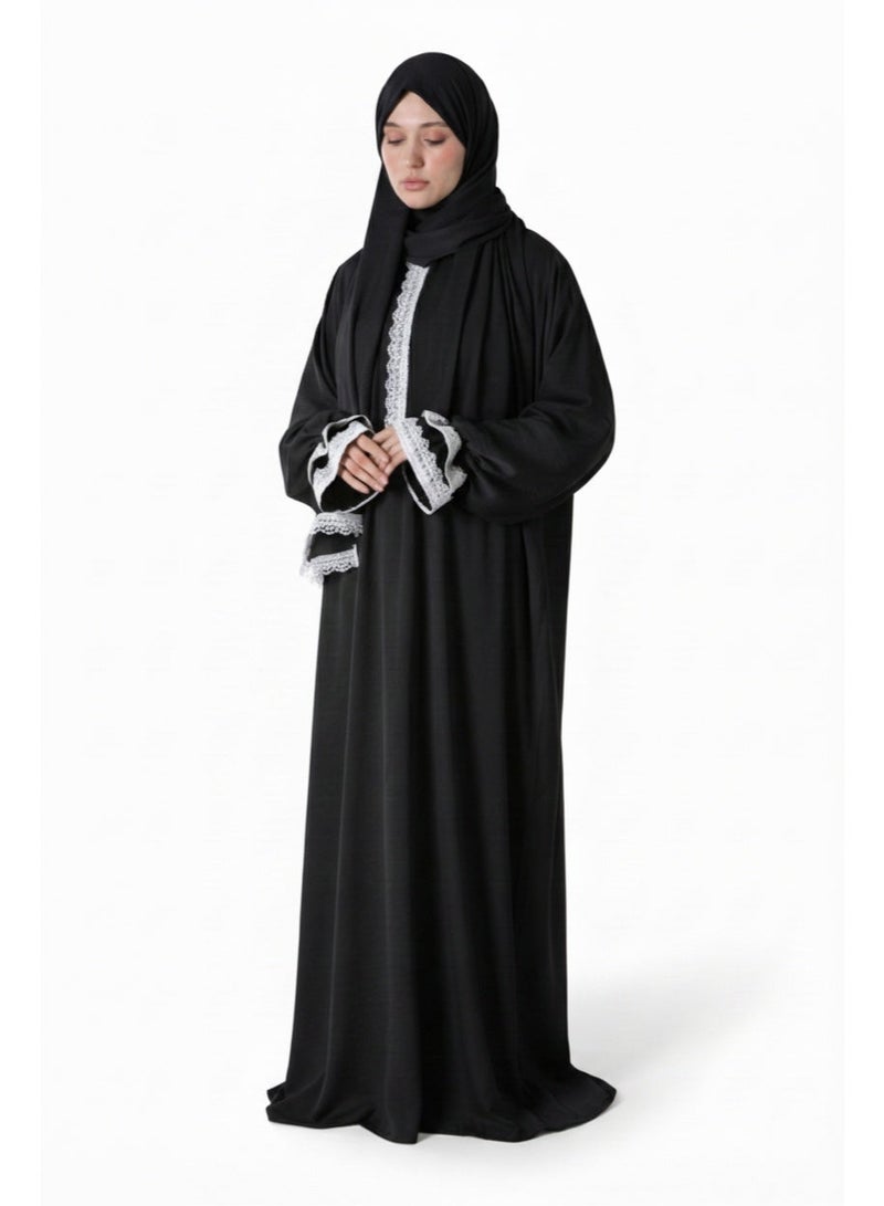 KESSAA Larin Women’s Premium Prayer Isdal – Luxury Silk-Cotton Full-Coverage Salah Dress with Integrated Head Scarf | Lightweight, Breathable, Modest Wear for Home, Travel & Mosque – Black - Image 1