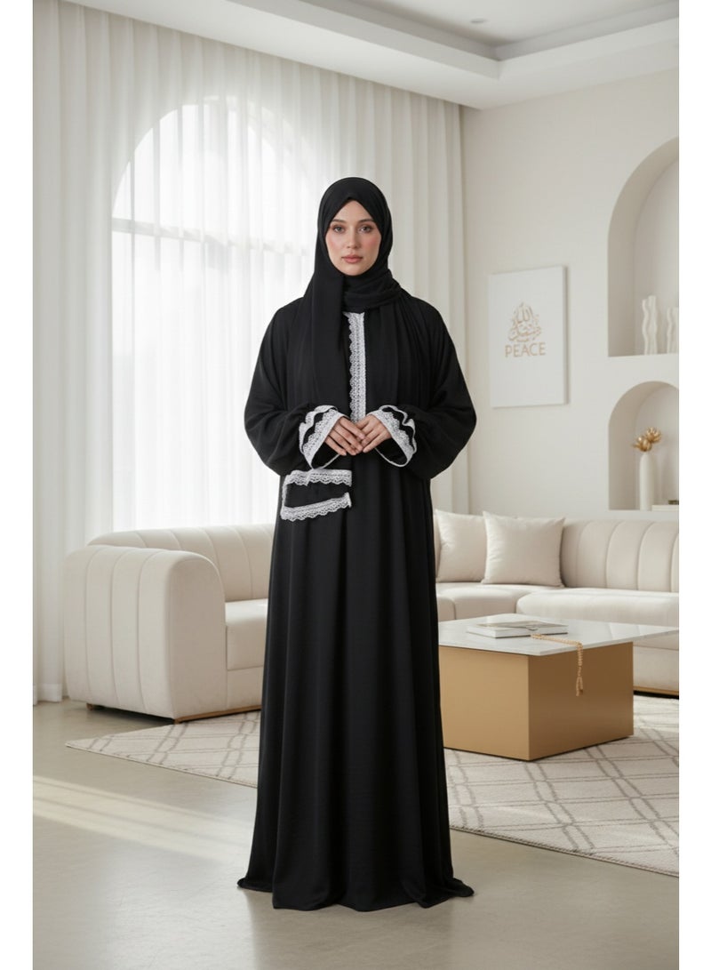 KESSAA Larin Women’s Premium Prayer Isdal – Luxury Silk-Cotton Full-Coverage Salah Dress with Integrated Head Scarf | Lightweight, Breathable, Modest Wear for Home, Travel & Mosque – Black - Image 2