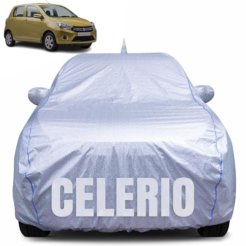 CABIUS 100% Waterproof Car Body Cover for Maruti Suzuki Celerio (2014-2024) with Mirror Pocket, Heat & UV Resistant, Triple Stitched, Soft Lining, Bottom Elastic & Piping (Silver Reflective) - Image 1