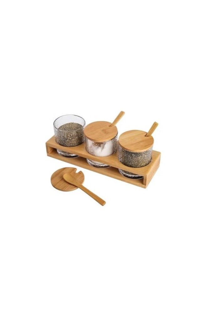 Set of 3 Glass Seasoning Containers with Bamboo Lids & Spoons – 300ml Salt Sugar Spice Jars with Wooden Tray – Kitchen Countertop Condiment Jars for Coffee Bar, Home & Cooking Use.  - Image 1